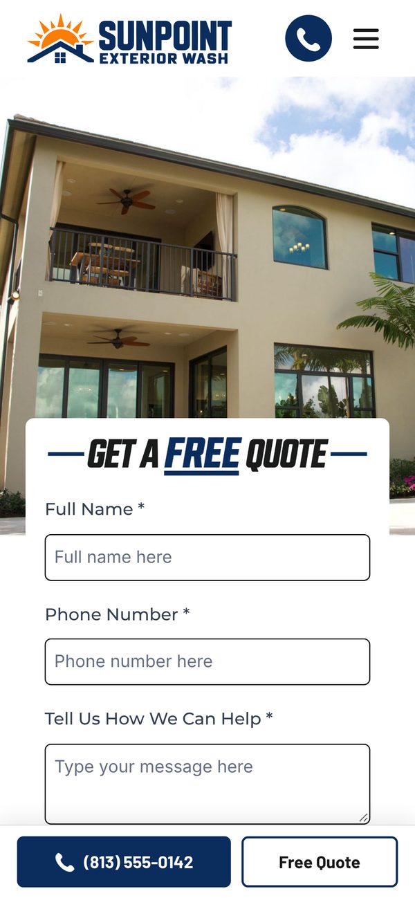 The same homepage on a phone, with the quote form and call button